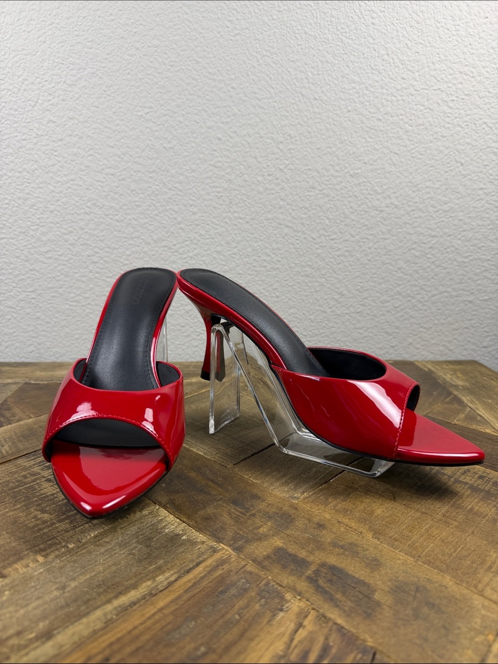 Size 8.5 Coutgo Red Patent Open-Toe Mule Heels with Clear Sculpted Heel